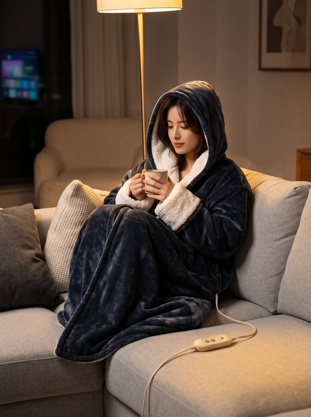 Woman curled up on a sofa at night wearing the hooded heated blanket with the hood up, holding a mug