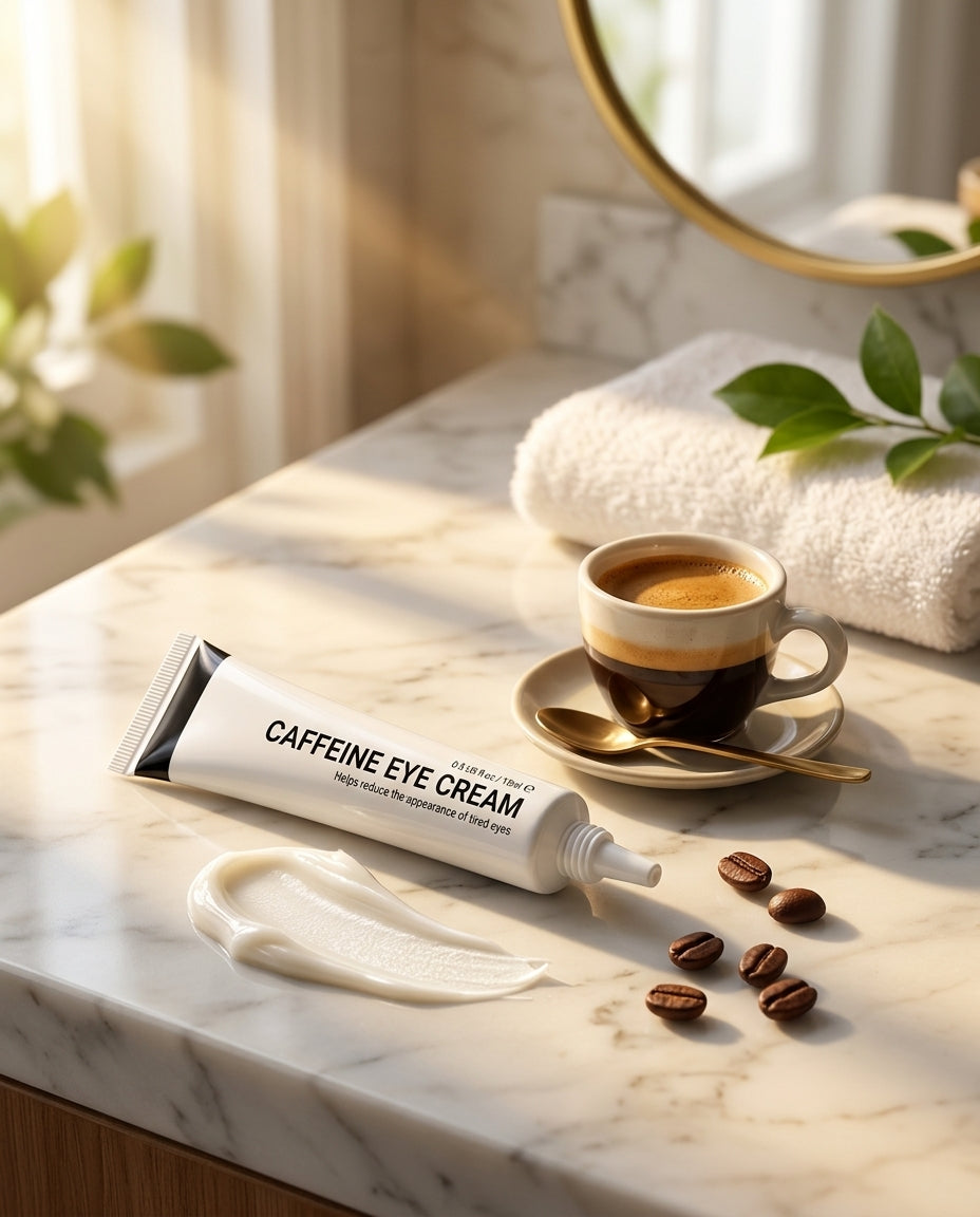 Caffeine eye cream morning routine with espresso