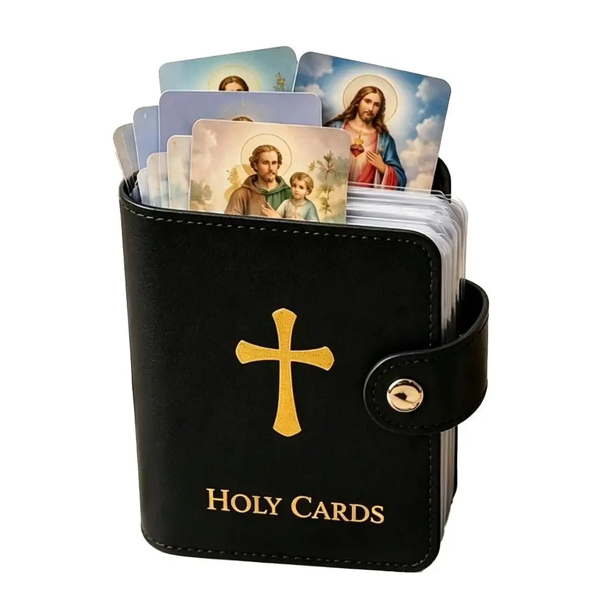 Black holy card holder with printed holy cards
