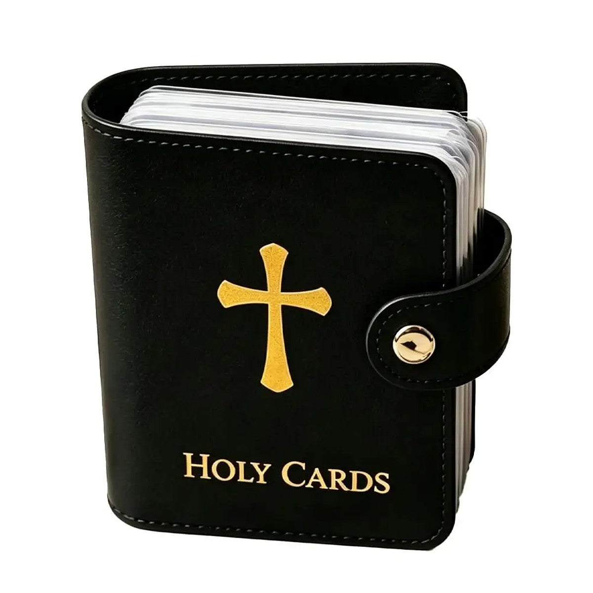 Black holy card holder with gold cross, holder only