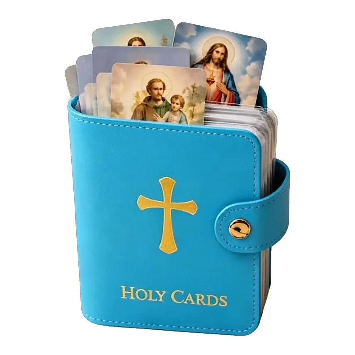 Sky blue holy card holder with printed holy cards