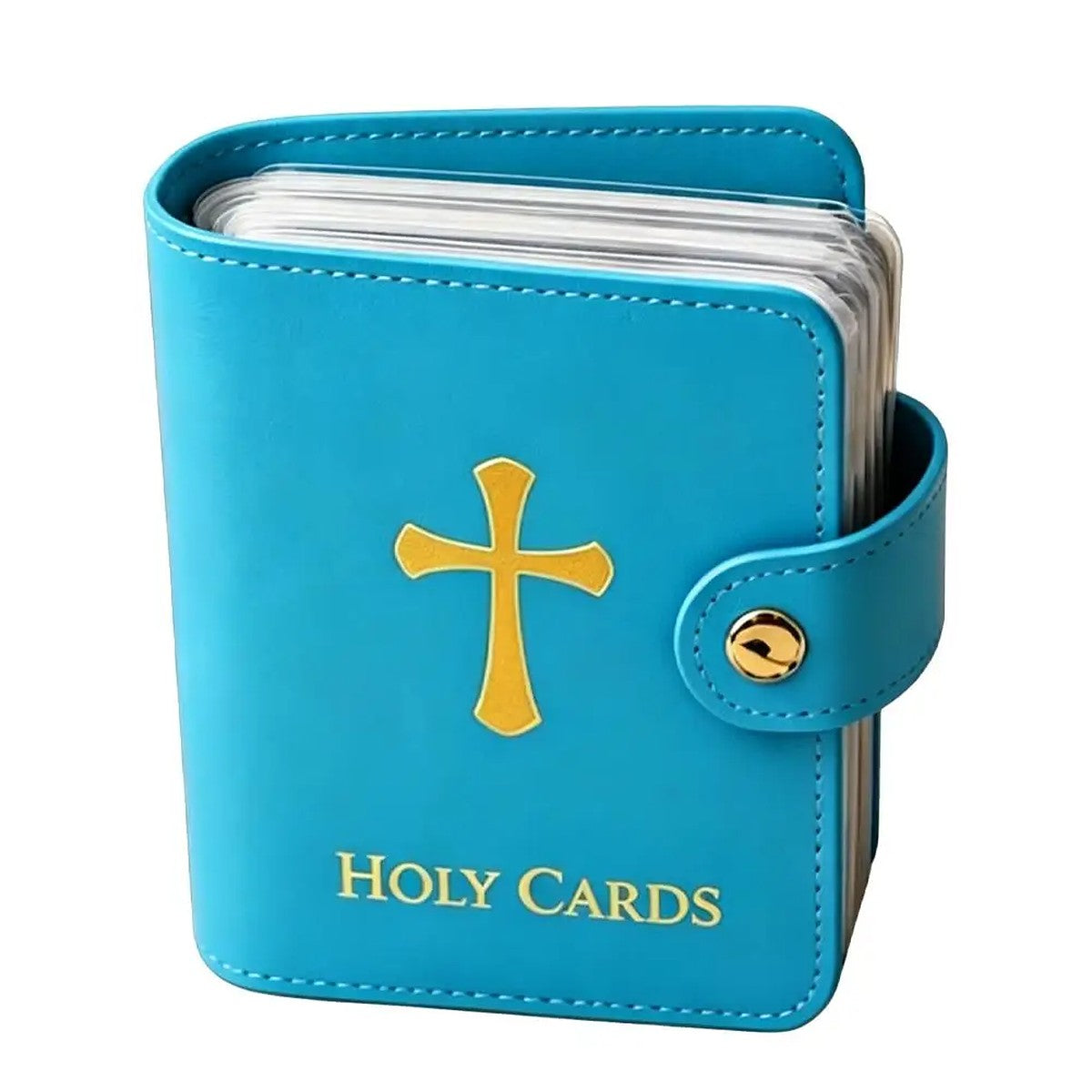 Sky blue holy card holder with gold cross, holder only