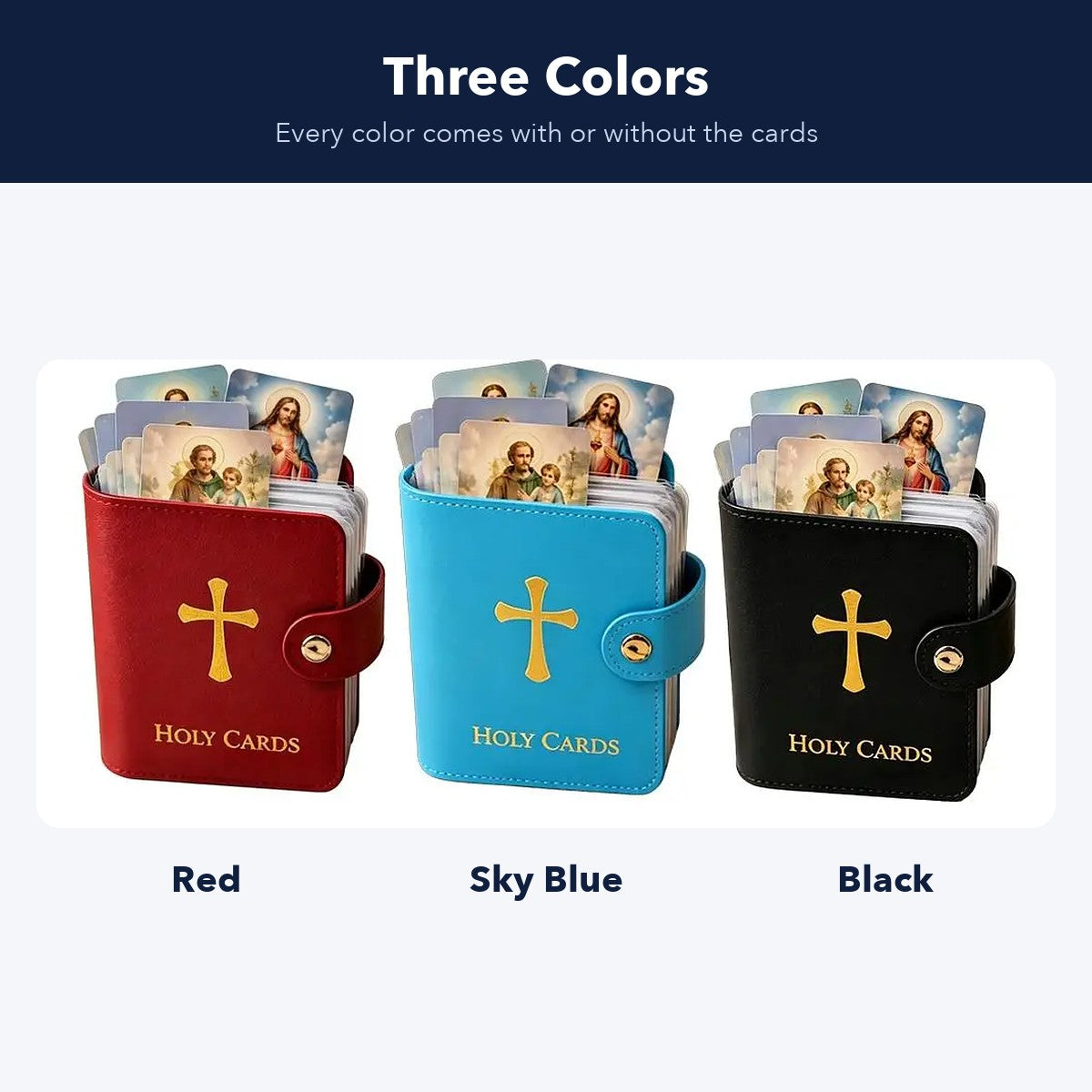 Holy card holders in red, sky blue and black