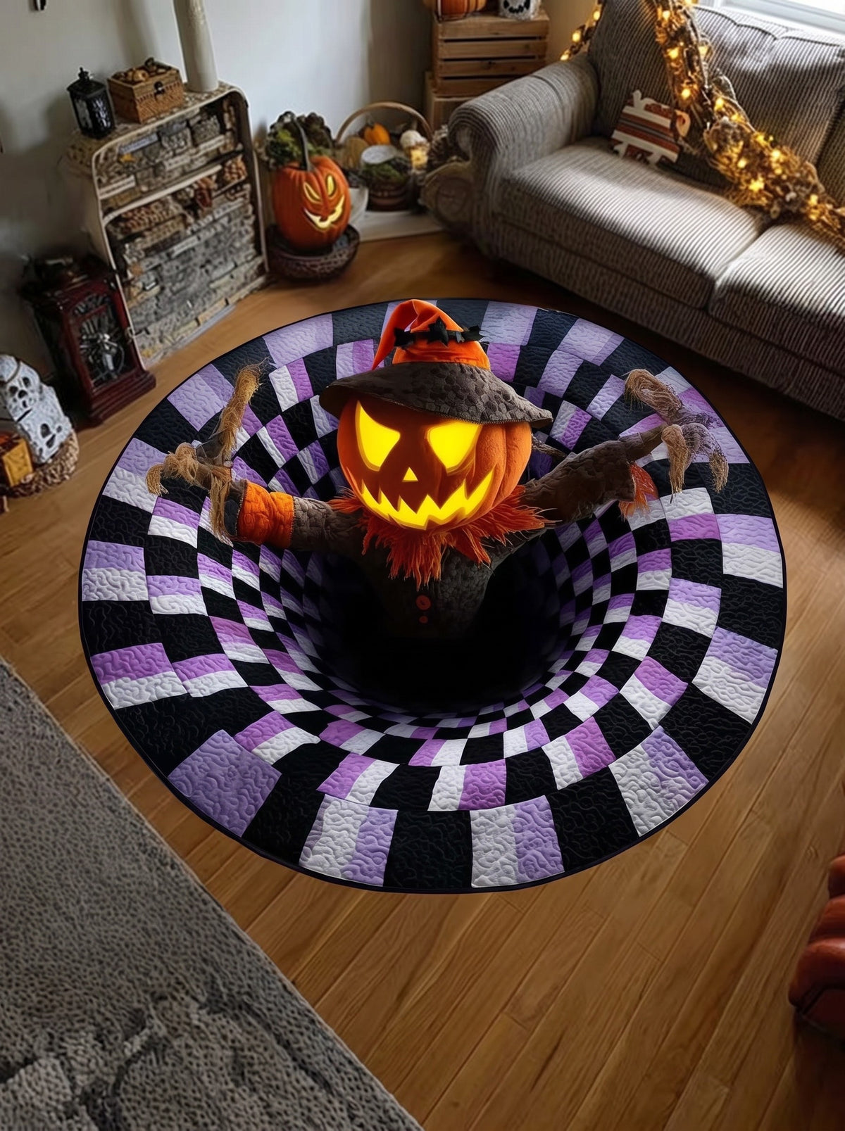 3D illusion Halloween rug – Pumpkin Scarecrow design, round floor mat