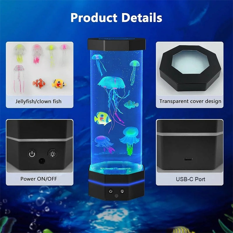 Jellyfish lamp details: jellyfish and clownfish, transparent cover, power button, USB-C port