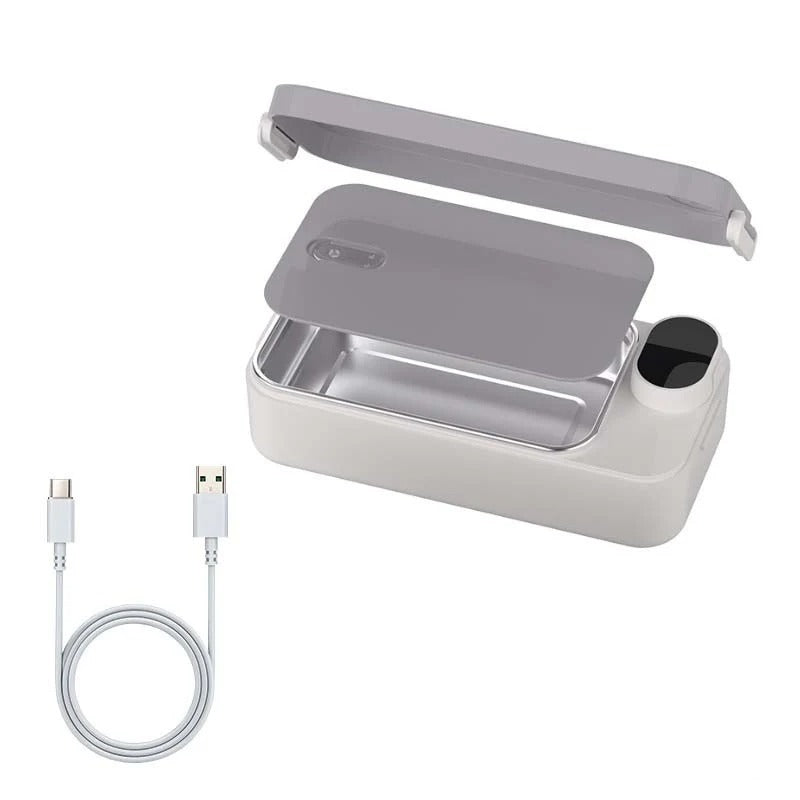 Gray electric lunch box with stainless tray and USB cable