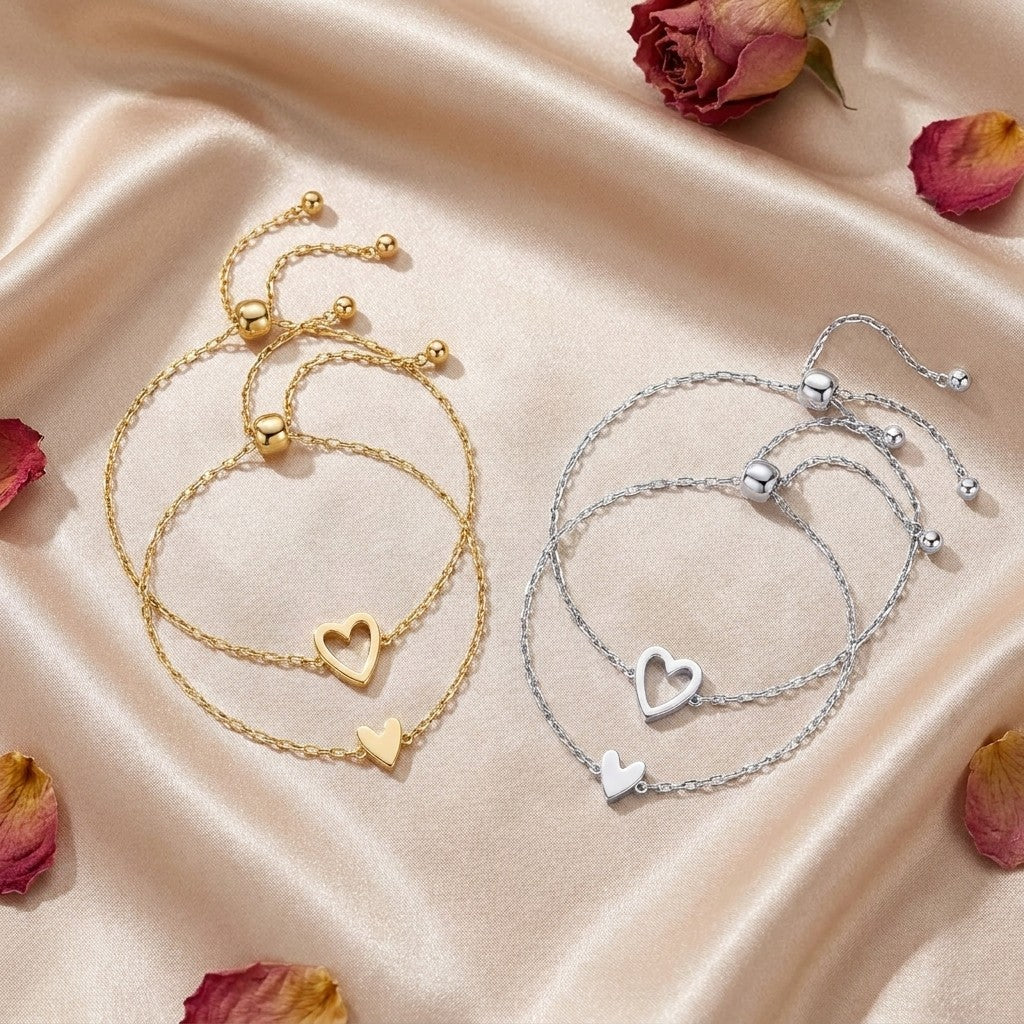 Gold and silver matching hearts bracelet sets on champagne silk
