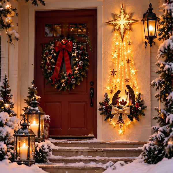 Illustration of the Bethlehem Star nativity wall decoration lit up beside a front door