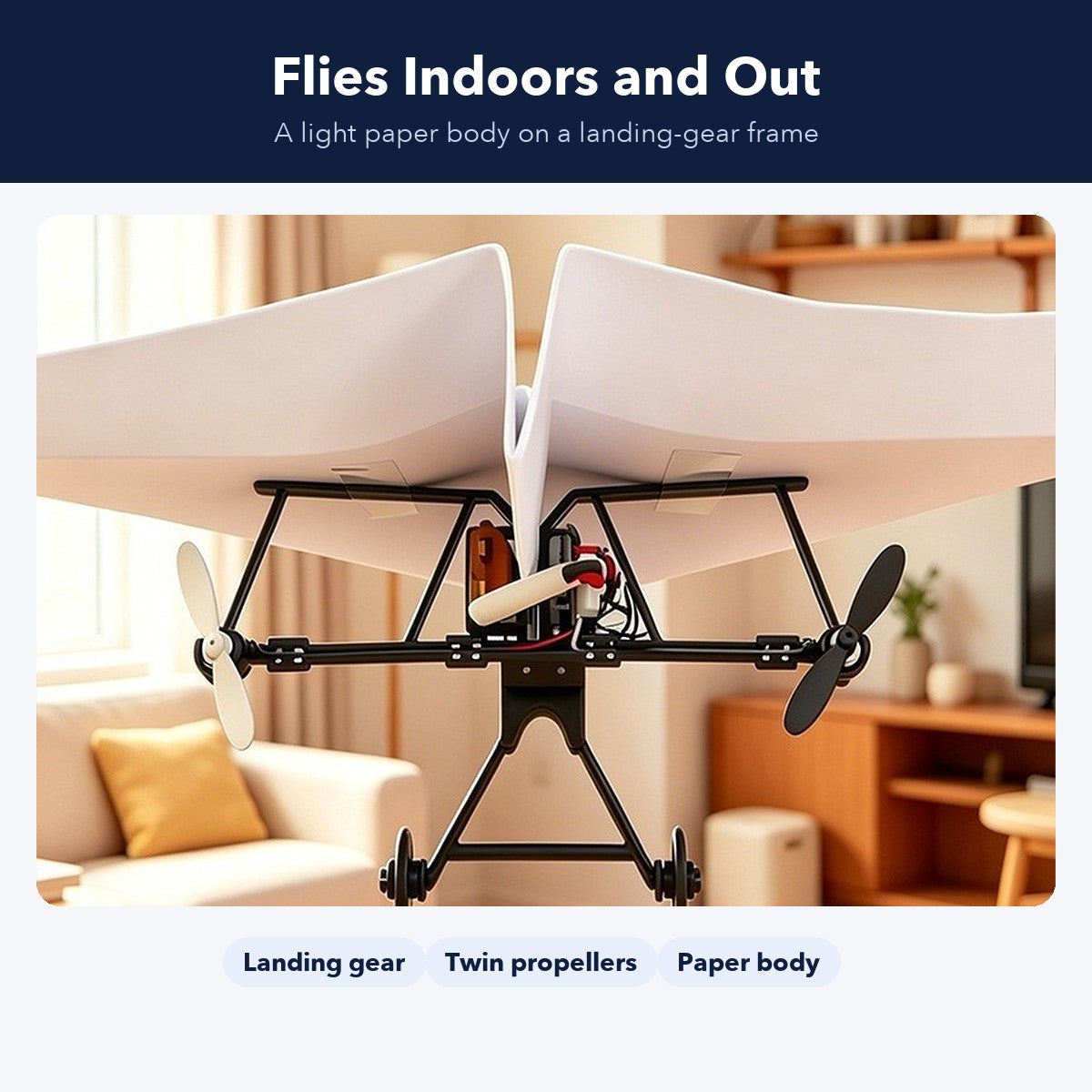 Remote control paper airplane flying in a living room