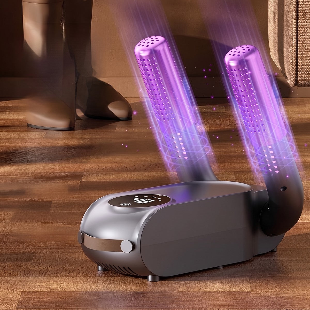 Black and purple foldable two-arm electric shoe dryer