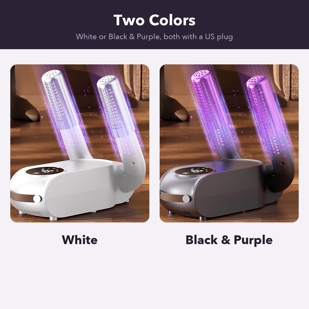 Shoe dryer in white and in black and purple