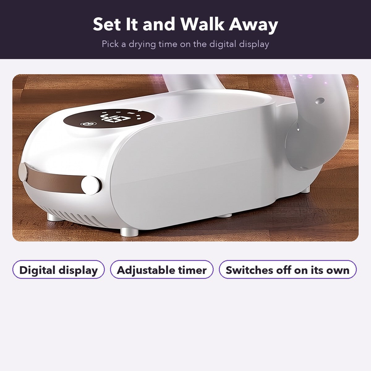Close-up of the shoe dryer digital display and timer