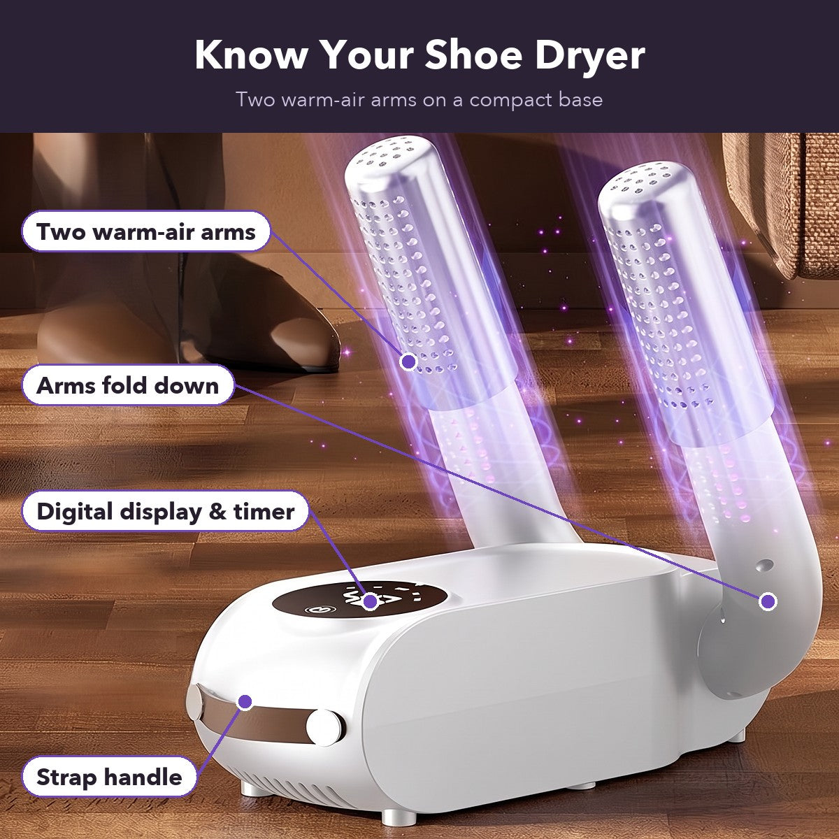 Shoe dryer with labels for the two warm-air arms, folding arms, digital display and strap handle