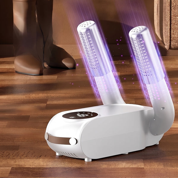 White foldable two-arm electric shoe dryer with digital display