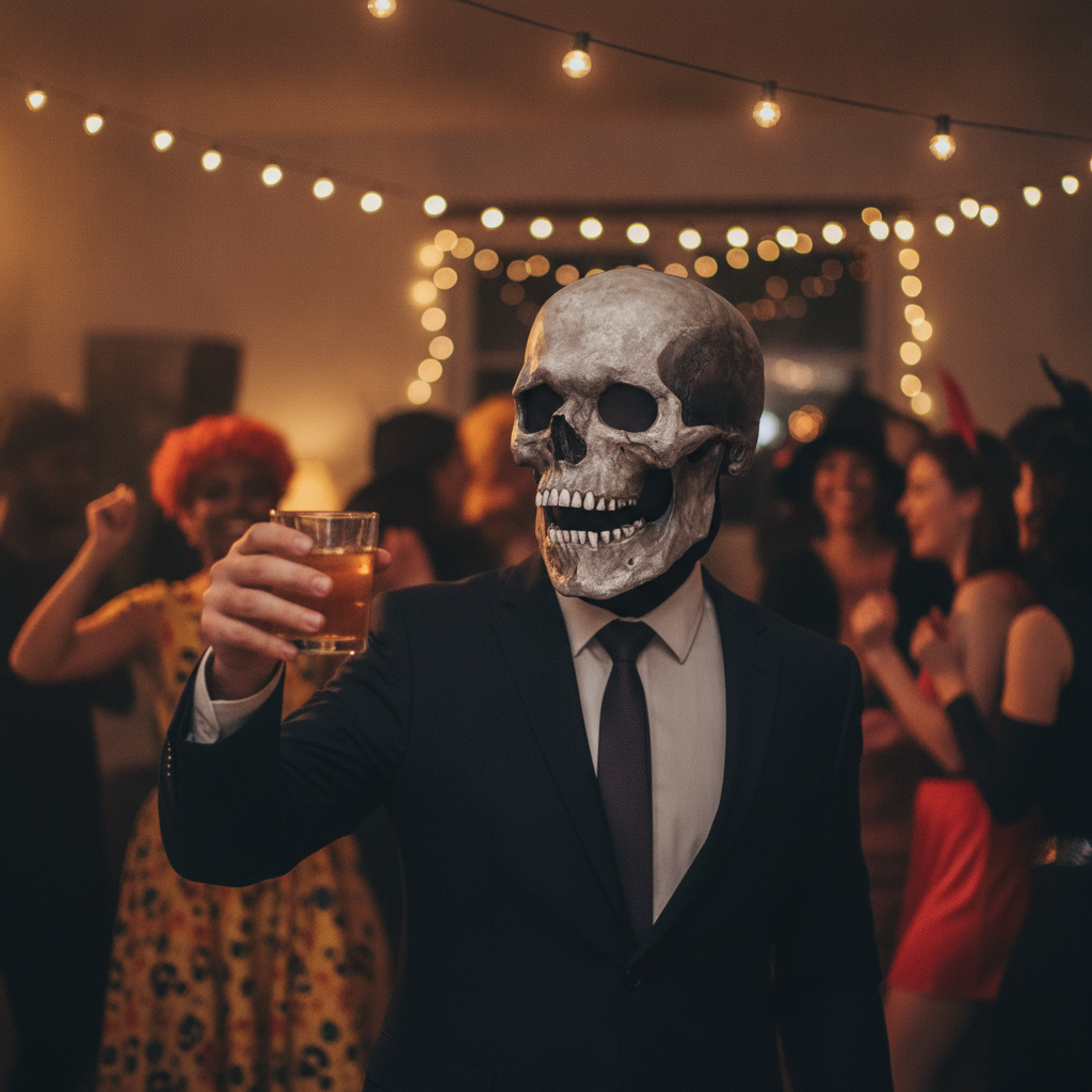 Skull mask with suit at Halloween party