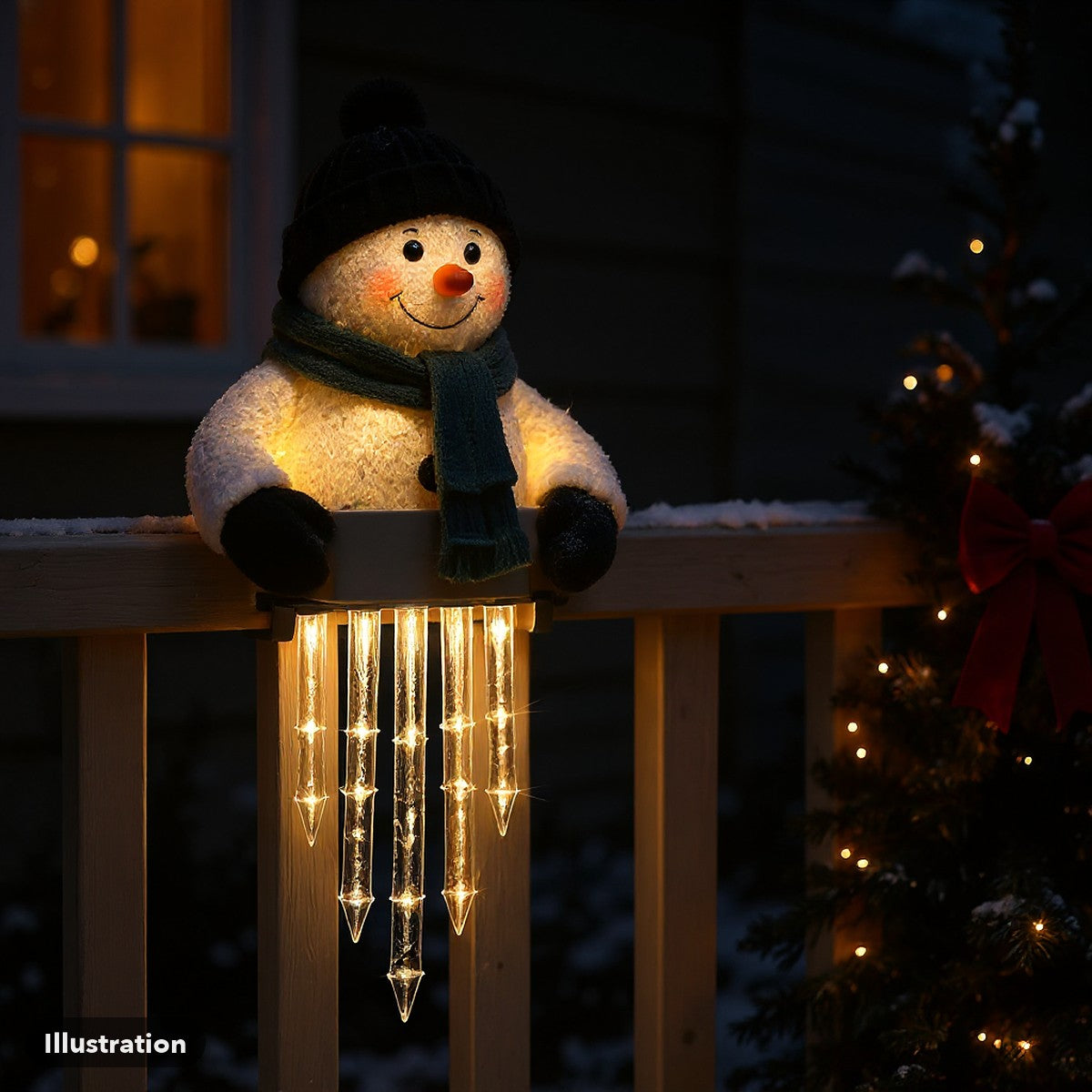Illustration of the snowman light glowing on a porch railing at night