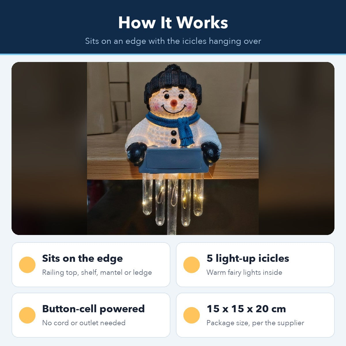 How it works: sits on the edge, five light-up icicles, button-cell powered, 15 x 15 x 20 cm package