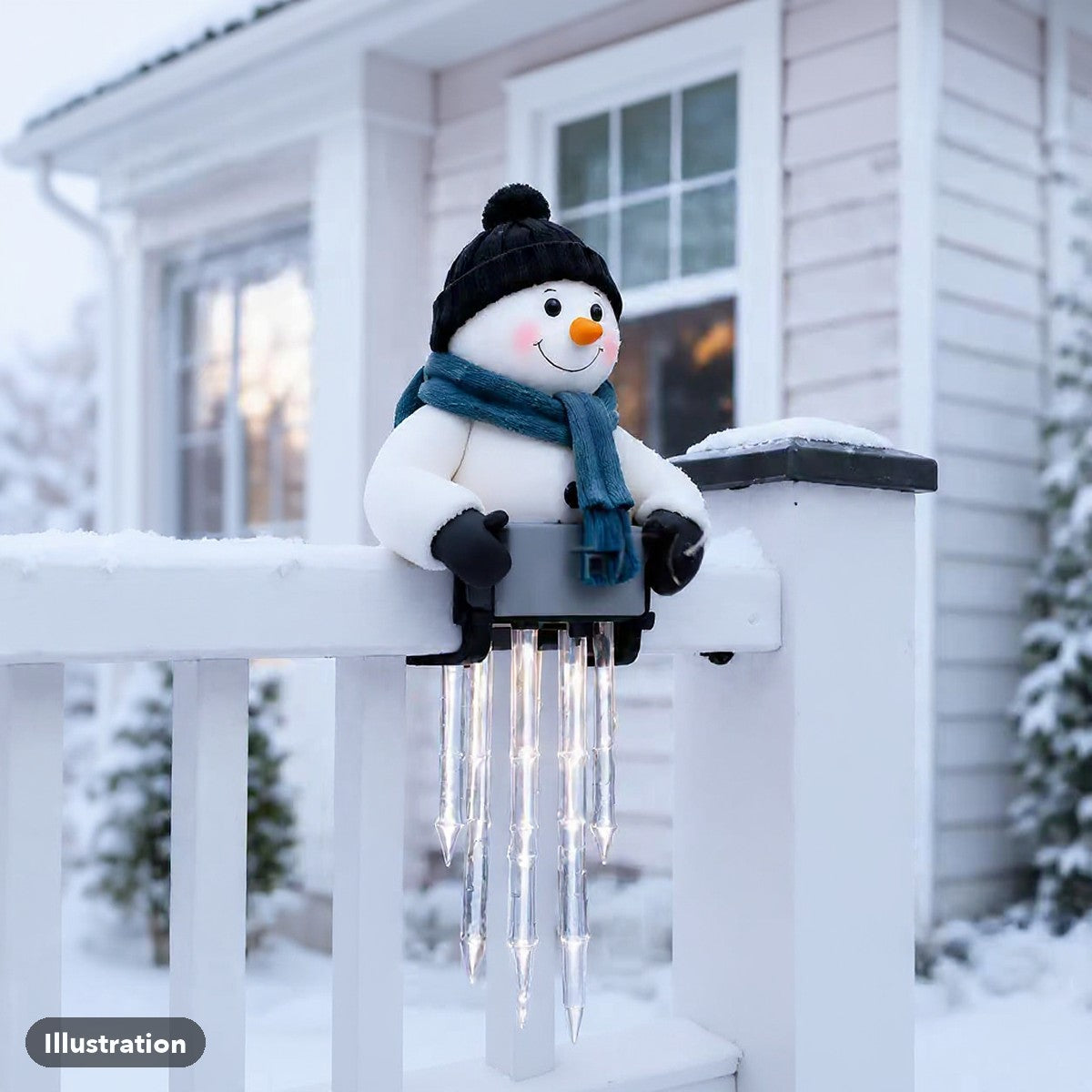 Illustration of the snowman light on a snowy porch railing in daytime