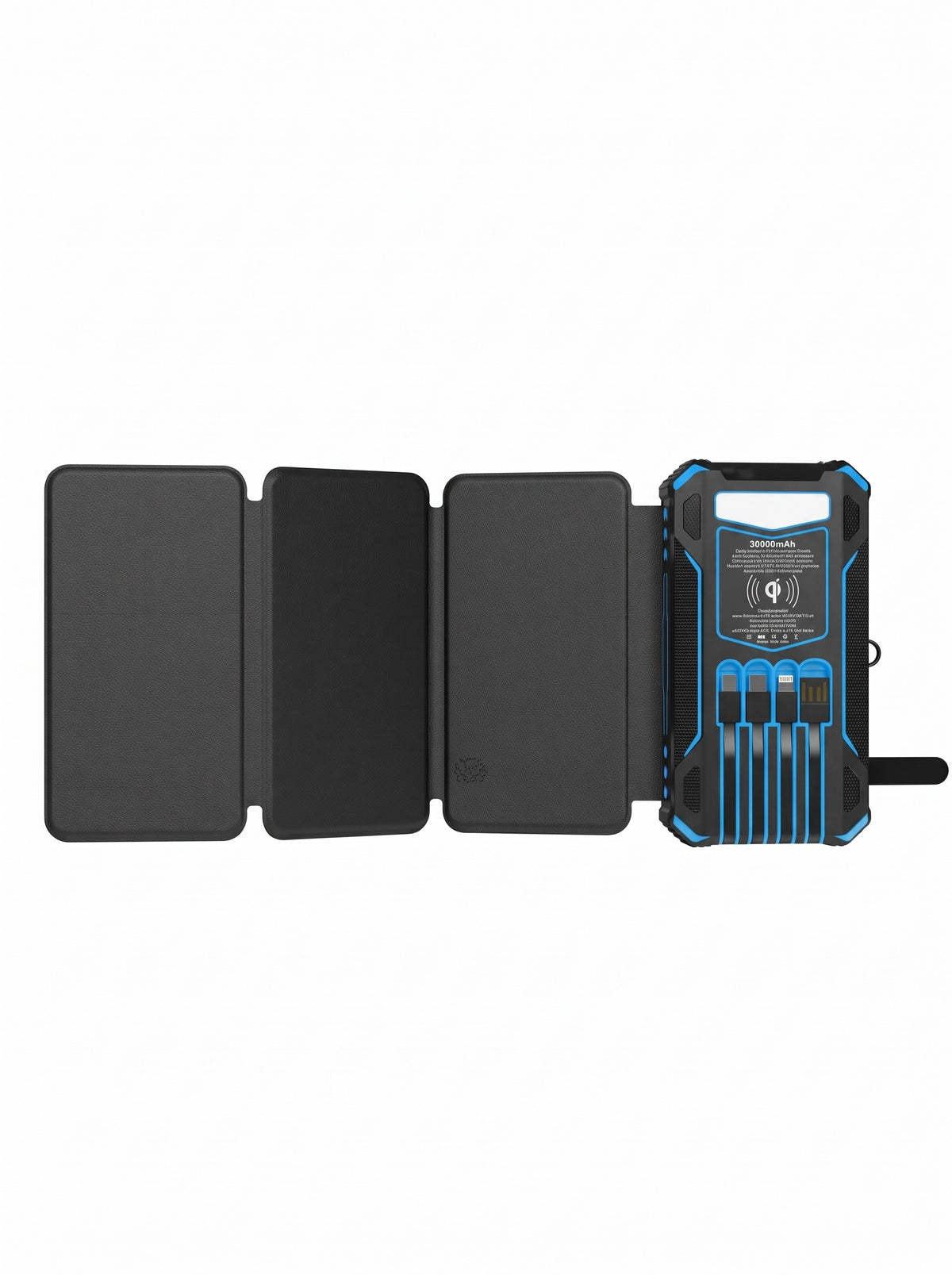 Solar power bank unfolded showing three fold-out panels and the main unit