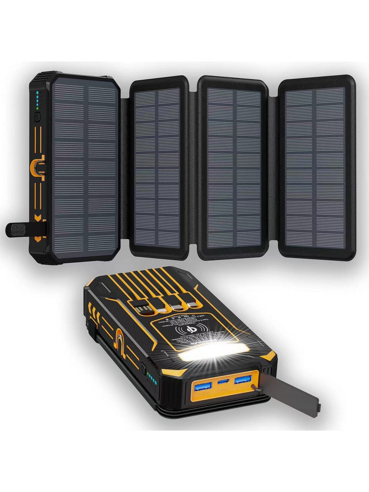 Sunset Orange solar power bank, panels open and closed