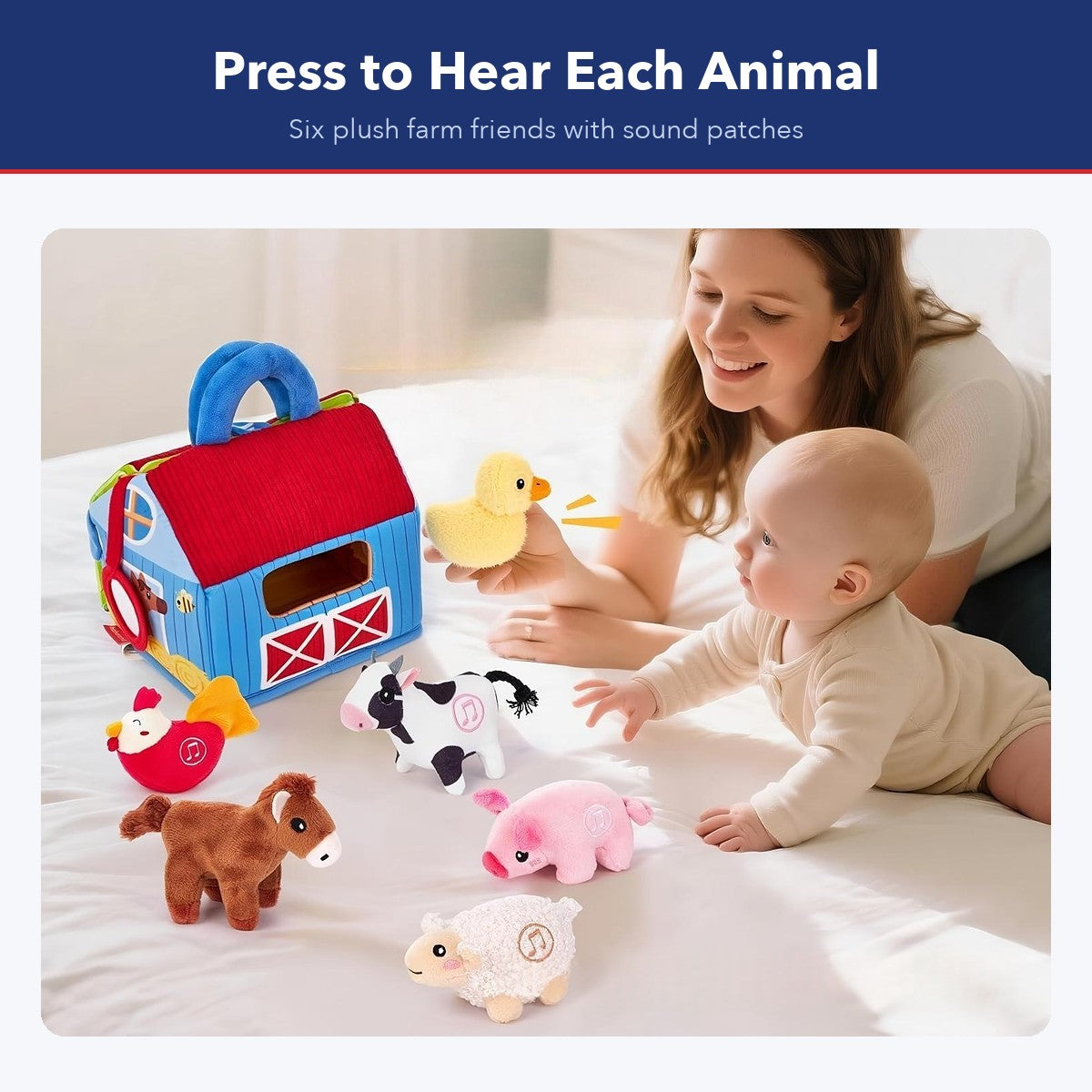 A parent and baby playing with the plush barn and its six sound animals