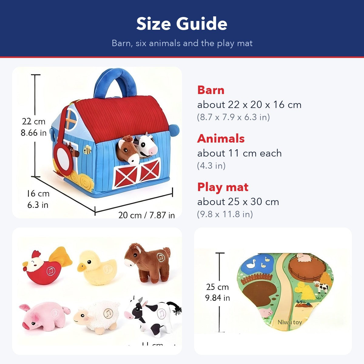 Size guide: barn about 22 x 20 x 16 cm, animals about 11 cm, play mat about 25 x 30 cm