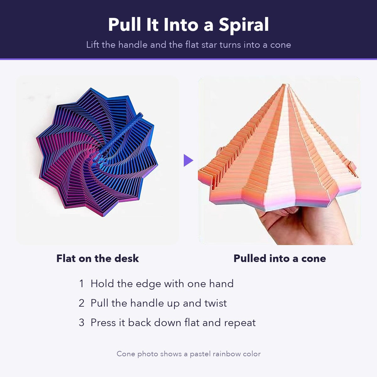 The fidget star lying flat, then pulled up into a spiral cone