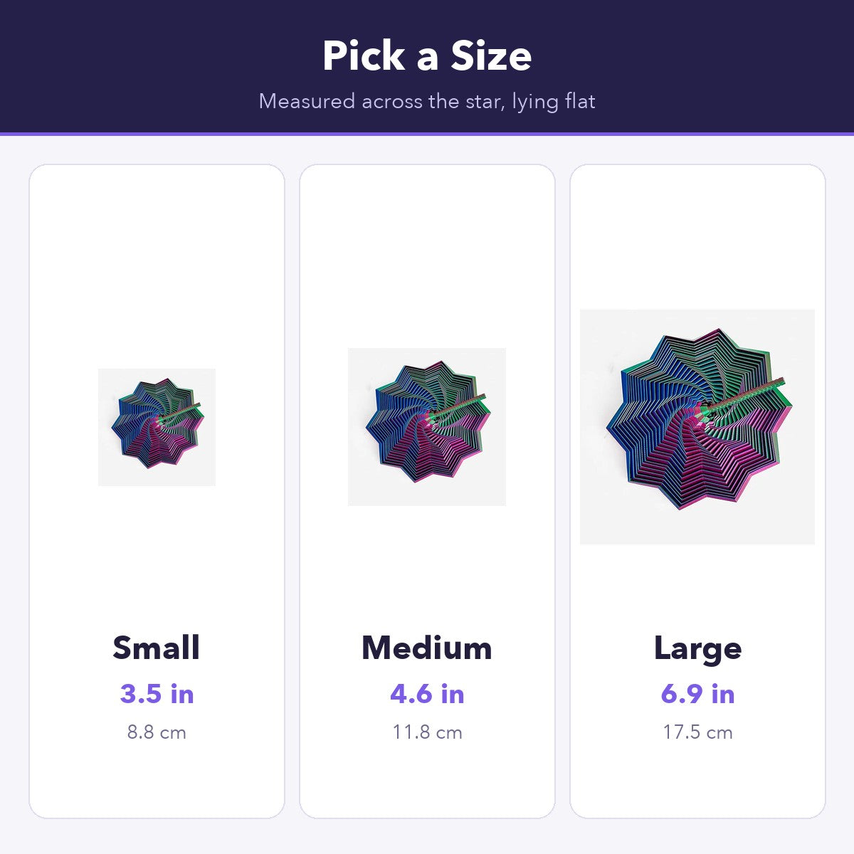 Fidget star sizes: small 3.5 in, medium 4.6 in, large 6.9 in