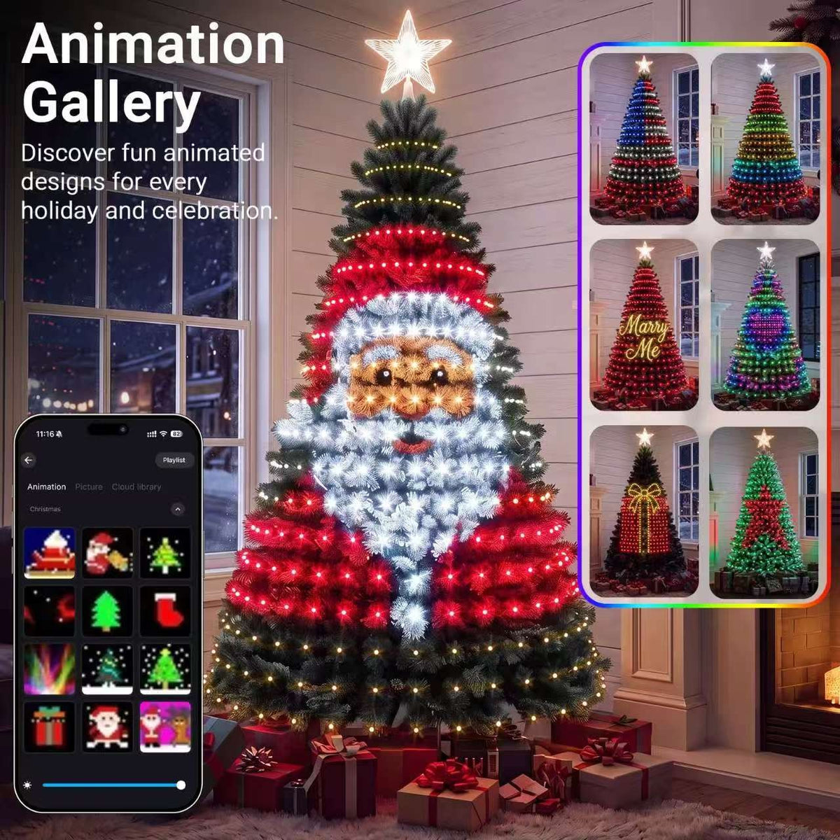 Christmas tree lights showing an animated Santa face, with the app animation gallery on a phone