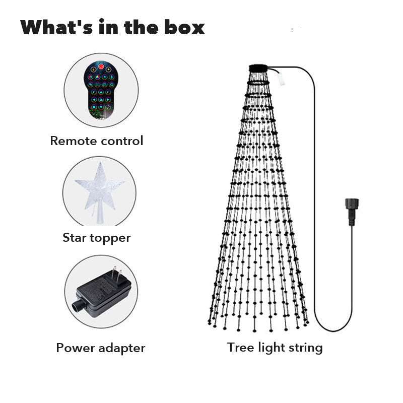 What is in the box: tree light string, star topper, remote control and power adapter