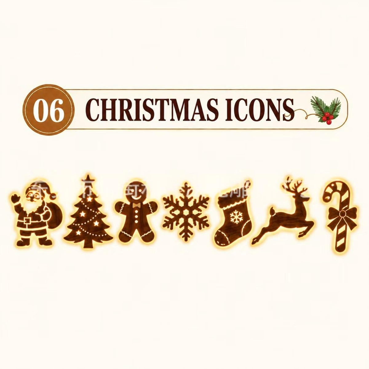 Christmas Icons design: Santa, tree, gingerbread man, snowflake, stocking, reindeer and candy cane
