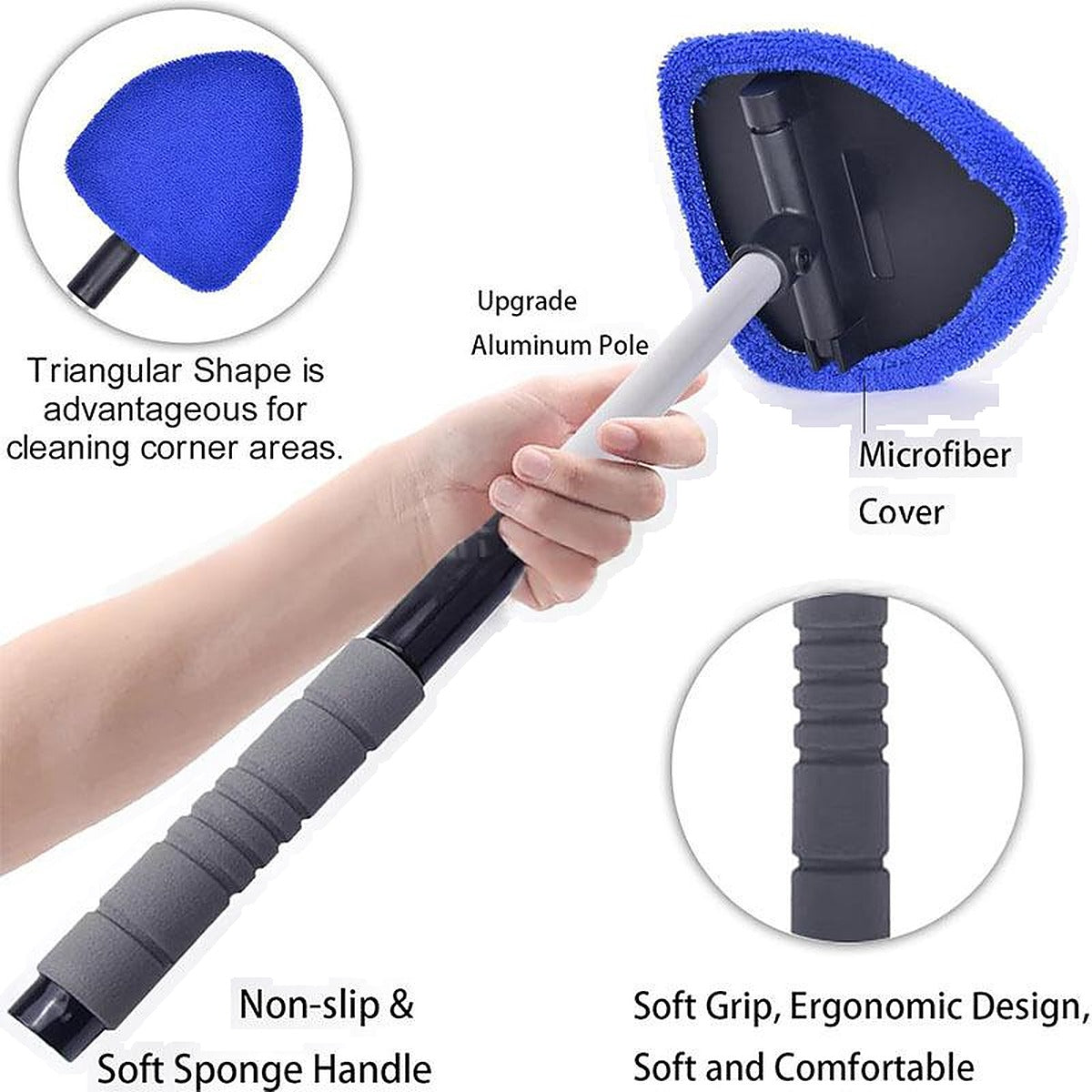 Windshield cleaner features: triangular head, aluminum pole, microfiber cover and soft sponge handle