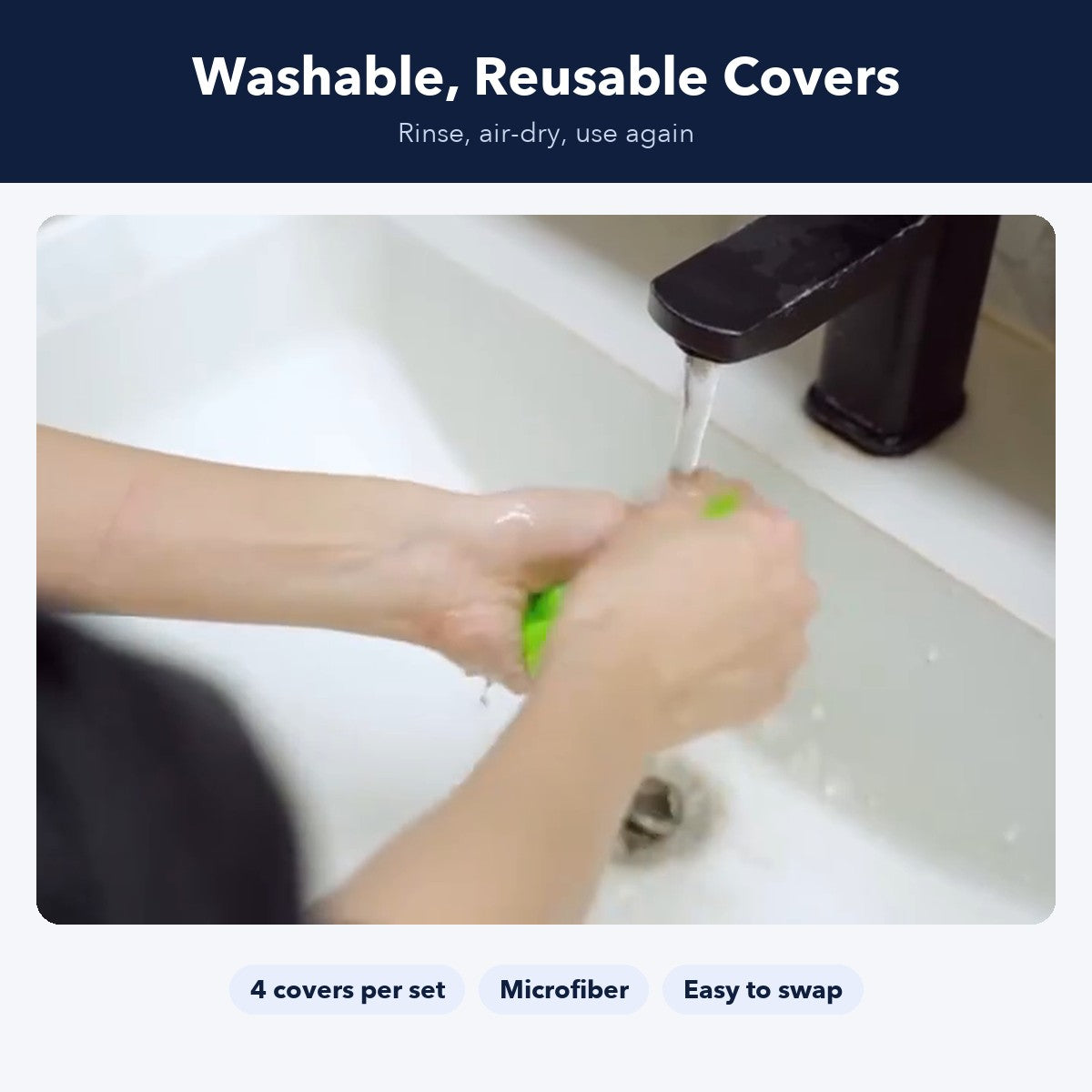 Rinsing a microfiber cover under a faucet