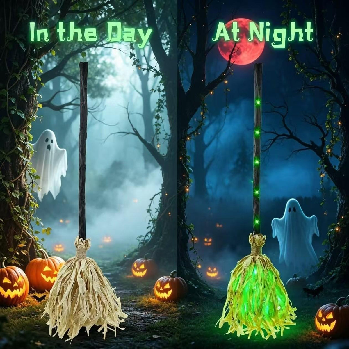 Witch broom unlit in the day and glowing at night
