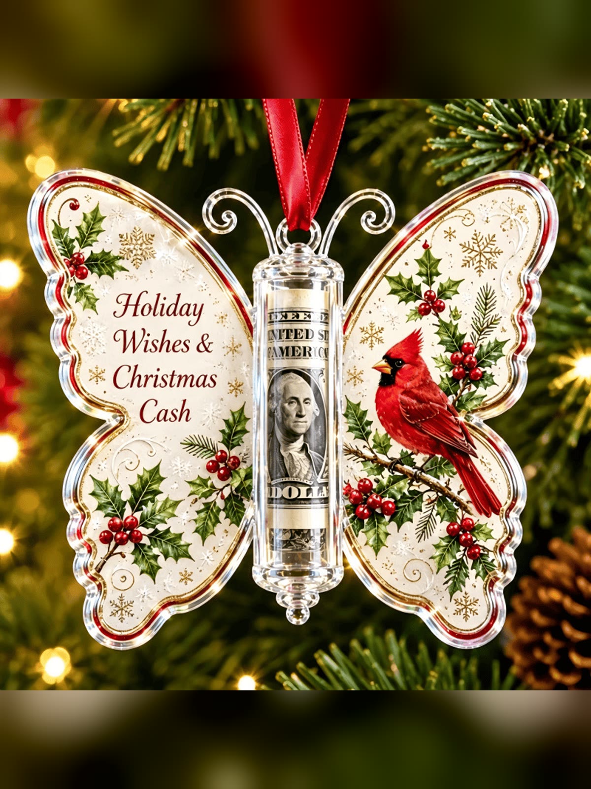 Cardinal design cash gift ornament