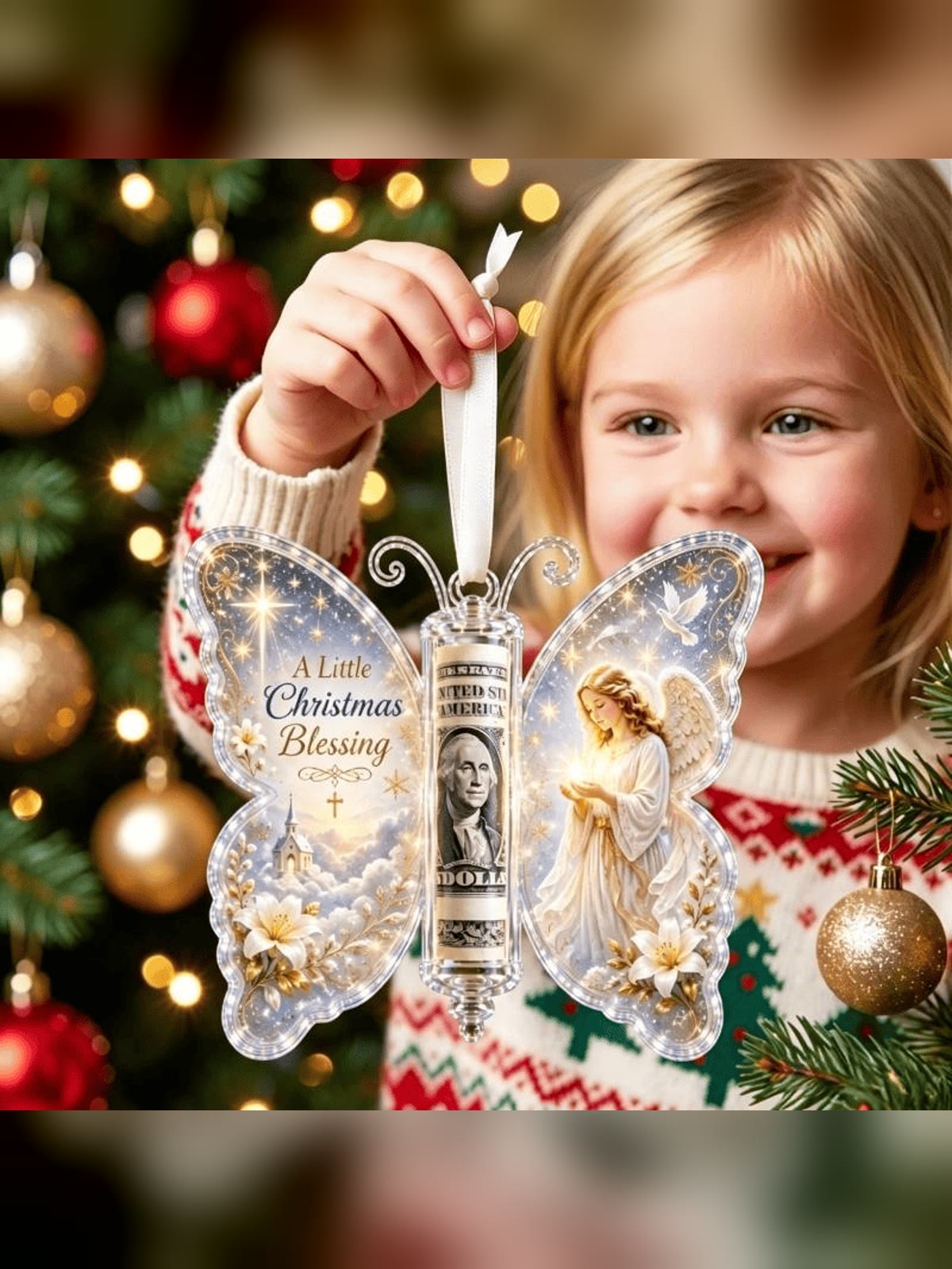 Child holding the cash gift ornament by its ribbon