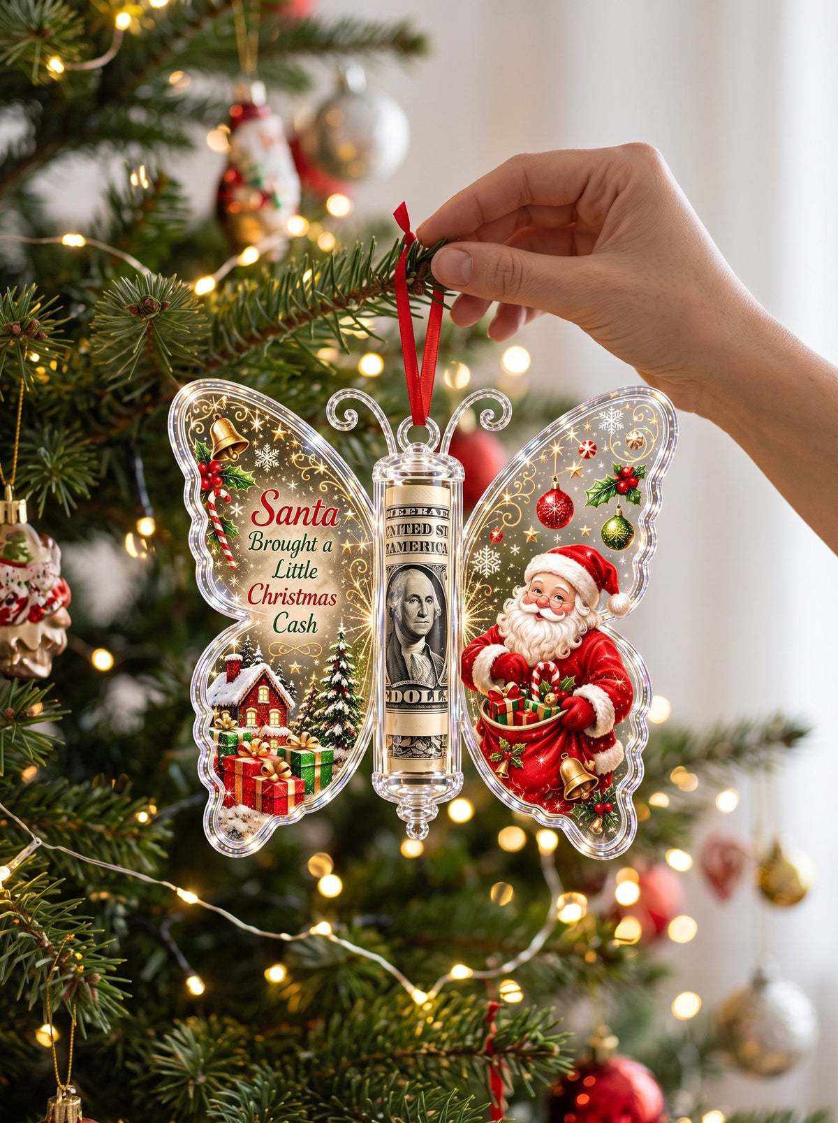 Hand hanging the cash gift ornament on a lit Christmas tree branch