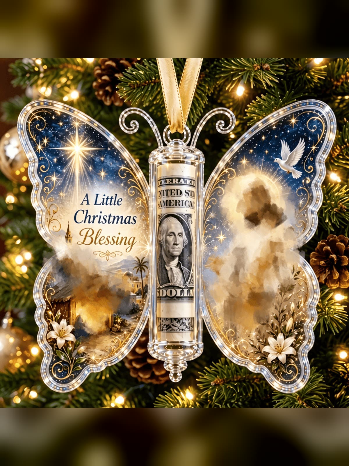 Midnight blue angel design cash gift ornament